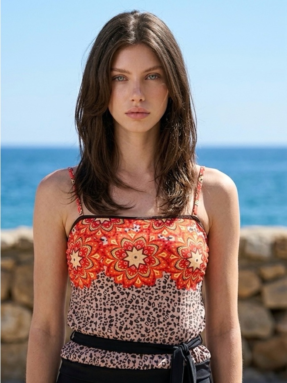 Swim Cami Top -Floral & Leopard Print Spaghetti Strap Cami swimsuit Top - Orange